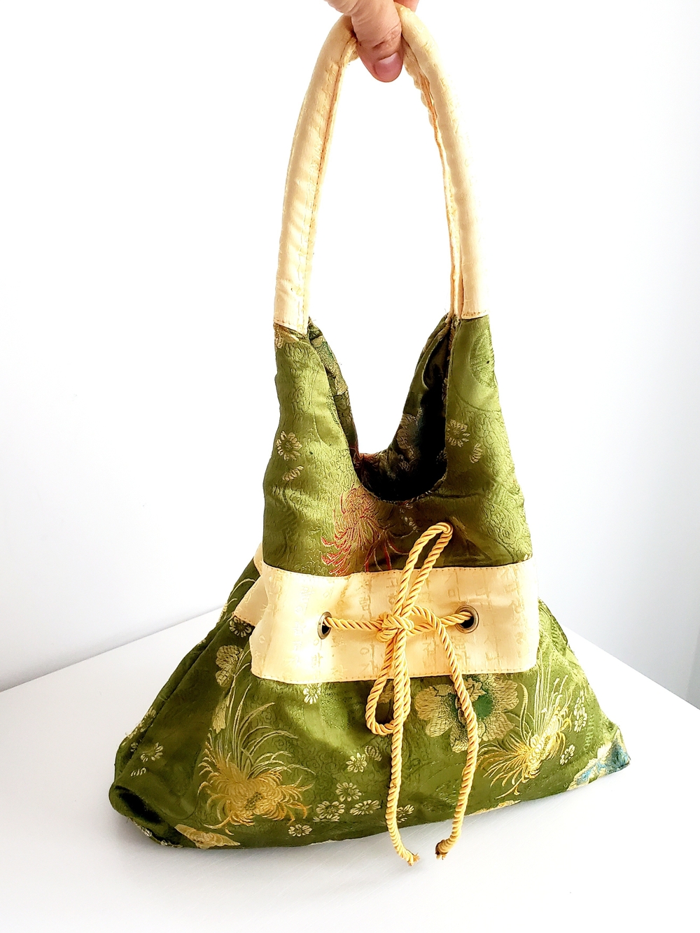 Vintage Green & Gold Silk Brocade Oriental Floral Shoulder Bag Handbag